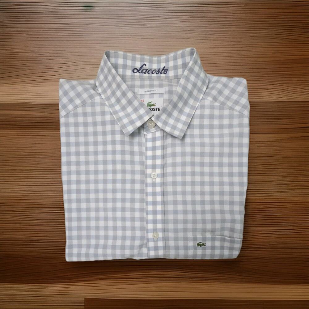 Lacoste Modern Fit Plaid Button Down Shirt Mens Cotton Logo 42